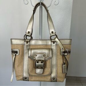 Coach Legacy straw and metallic gold leather tote bag